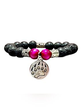 Handmade Bear Paw Bracelet with Natural Lava Rock & Pink Tiger Eye Stones!